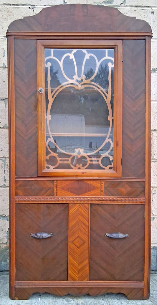 Antique Vintage Old Reclaimed Salvaged Art Deco Depression Era Solid Wood Walnut Chevron Inlay China Cabinet Hutch Display Cupboard Glass