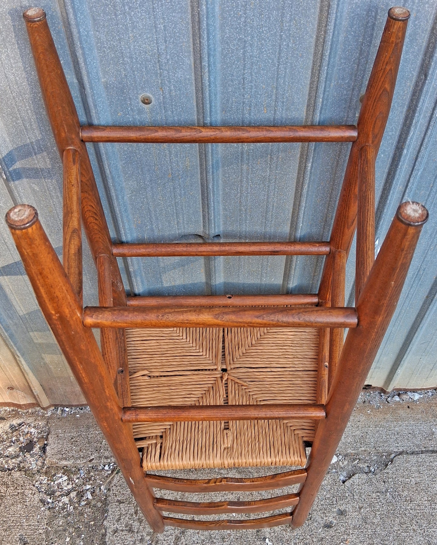 Pair Vintage Antique French Country Rustic Solid Oak Ladder Back Bar Stools Woven Rush Seats Counter Chairs High Top Kitchen Island Seating