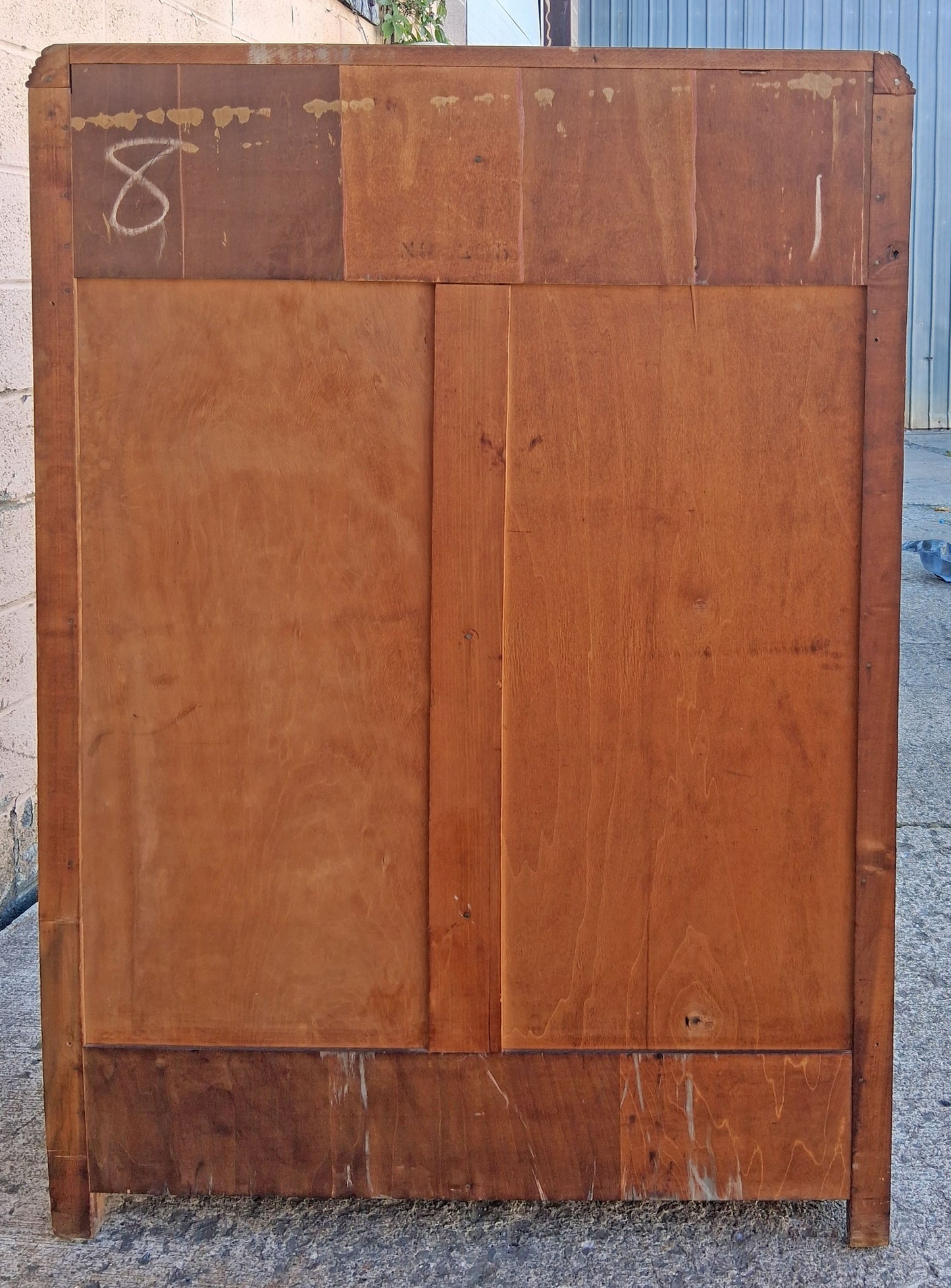 Antique Vintage Old Reclaimed Salvaged Art Deco Solid Wood Wooden Burled Walnut Waterfall Dresser Cabinet Closet Armoire Wardrobe Chifforobe
