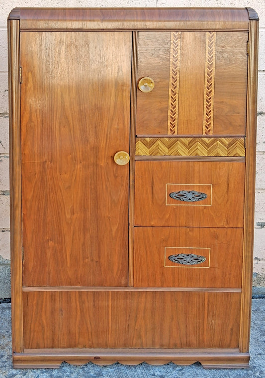 Antique Vintage Old Reclaimed Salvaged Art Deco Solid Wood Wooden Burled Walnut Waterfall Dresser Cabinet Closet Armoire Wardrobe Chifforobe (Copy)