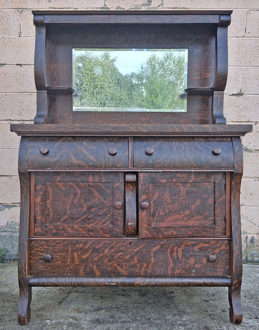 Antique Vintage Reclaimed Salvaged Colonial Edwardian Quartersawn Tiger Oak Wood Wooden Sideboard Buffet Server Beveled Mirror Hutch Cabinet