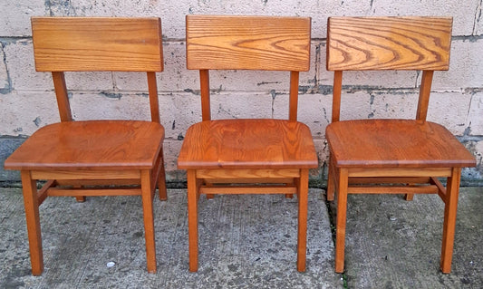Set of 3 Vintage Antique Reclaimed Salvaged University of Scranton Mid Century Solid Oak Wood Wooden Dining Desk Seat Library Chairs