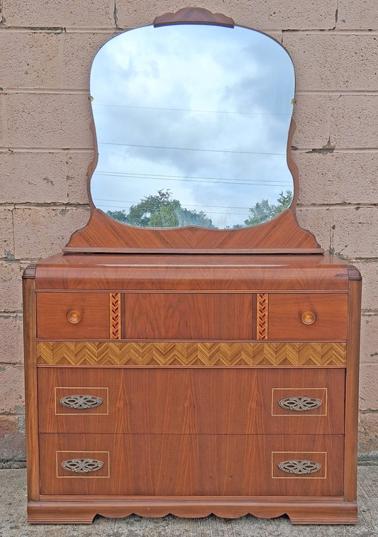 Antique Vintage Old Reclaimed Salvaged Art Deco Waterfall Solid Wood Wooden Walnut Bedroom Dresser Chest of Drawers 3 Drawer Mirror Vanity