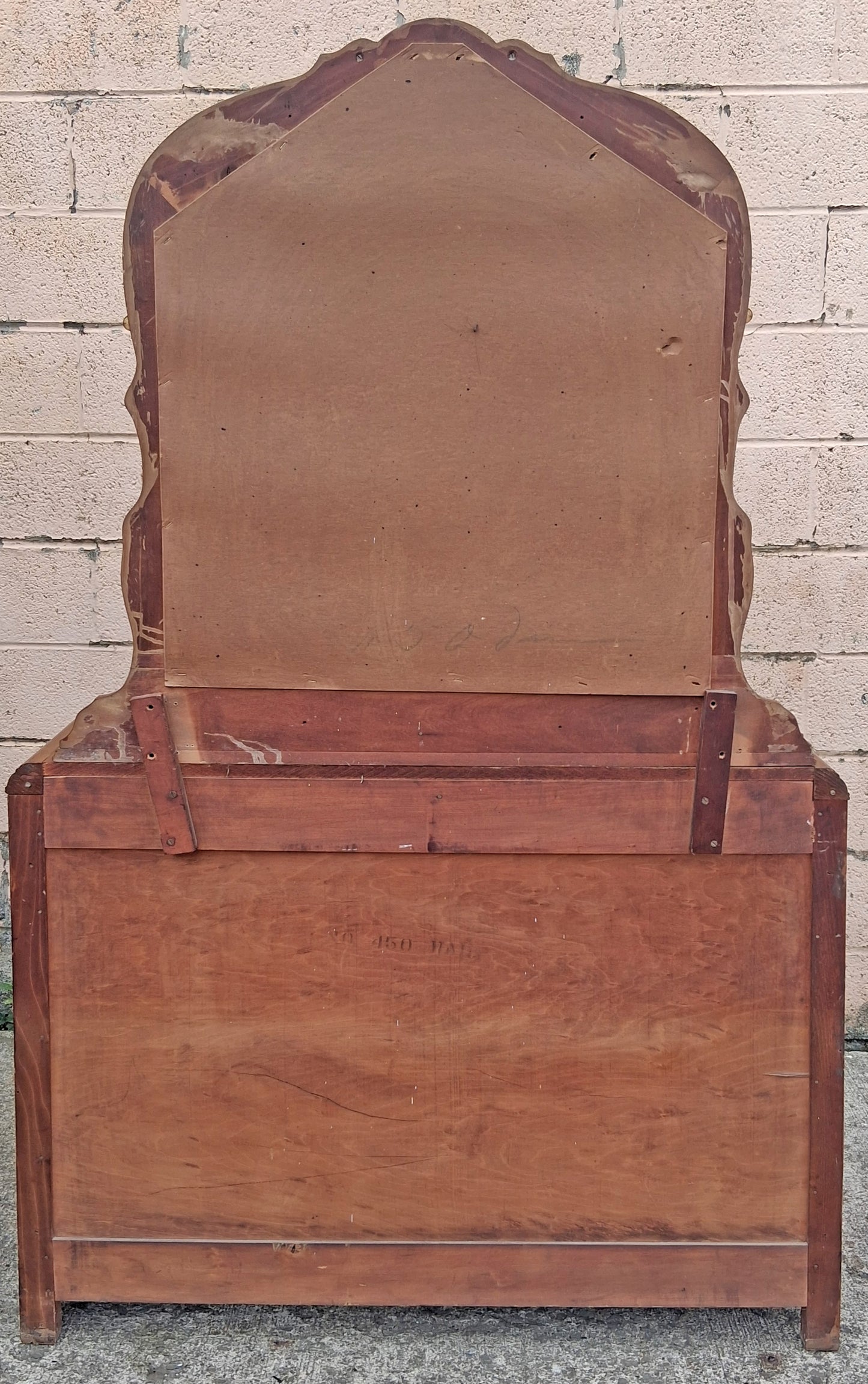 Antique Vintage Old Reclaimed Salvaged Art Deco Waterfall Solid Wood Wooden Walnut Bedroom Dresser Chest of Drawers 3 Drawer Mirror Vanity