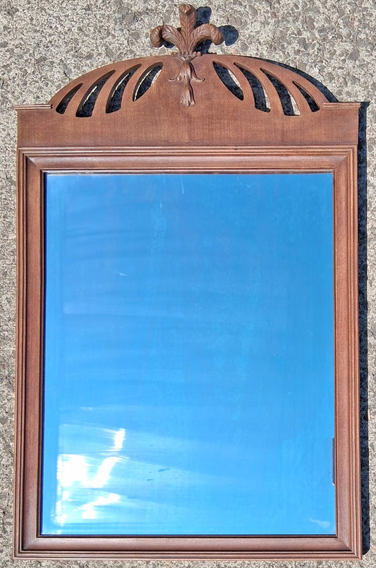Antique Vintage Old Chippendale Wood Wooden Wall Decorative Entryway Vanity Hanging Accent Mirror Fleur-de-Lis Pediment Cutout Crest Frame