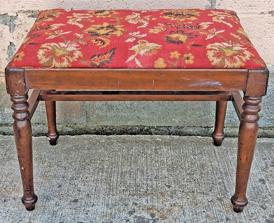 Antique Vintage Old Victorian Thomasville Solid Wood Wooden Needlepoint Red Floral Fabric Tapestry Vanity Accent Side Piano Bench Stool