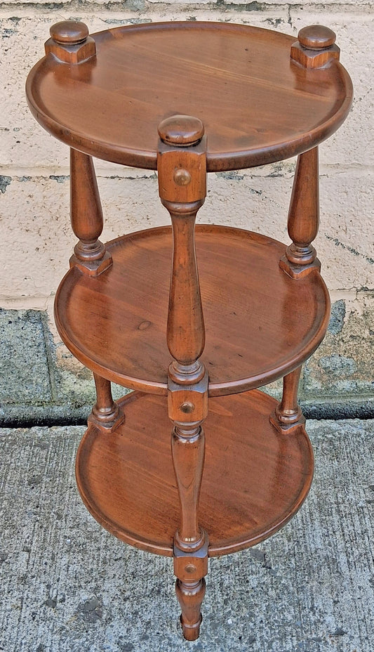 Vintage Antique Colonial Ethan Allen Maple Wood Wooden Round Three Tier Tiered Turned Spindle Accent Plant Side Stand Table Home Decor