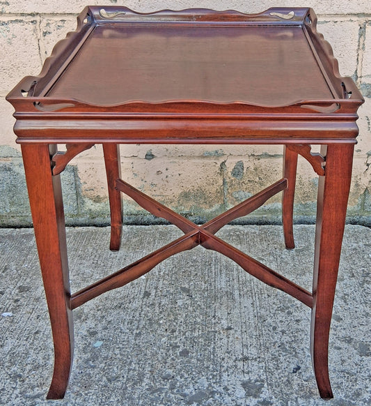Vintage Antique Chinese Oriental Solid Mahogany Wood Wooden Tray Top Accent Stand Scalloped Gallery Side Table Plant Stand Decor