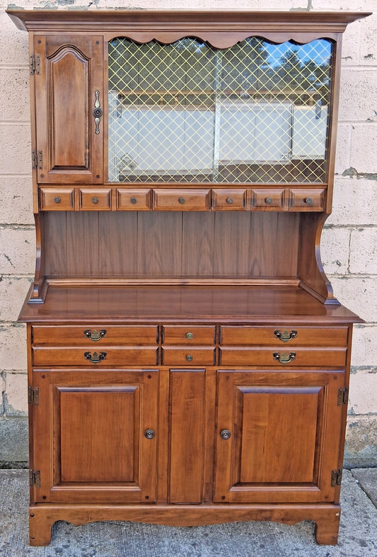 Vintage Antique Colonial Hale Company Solid Wood Scalloped Sliding Glass Door 2 Piece China Cabinet Hutch Buffet Server Dining Furniture