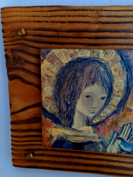 Vintage Handmade Wall Art Wooden Plaque Oriental Girl with Birds Shellac/ Lacquer over Lithography Raised Grain Wood Wall Decor