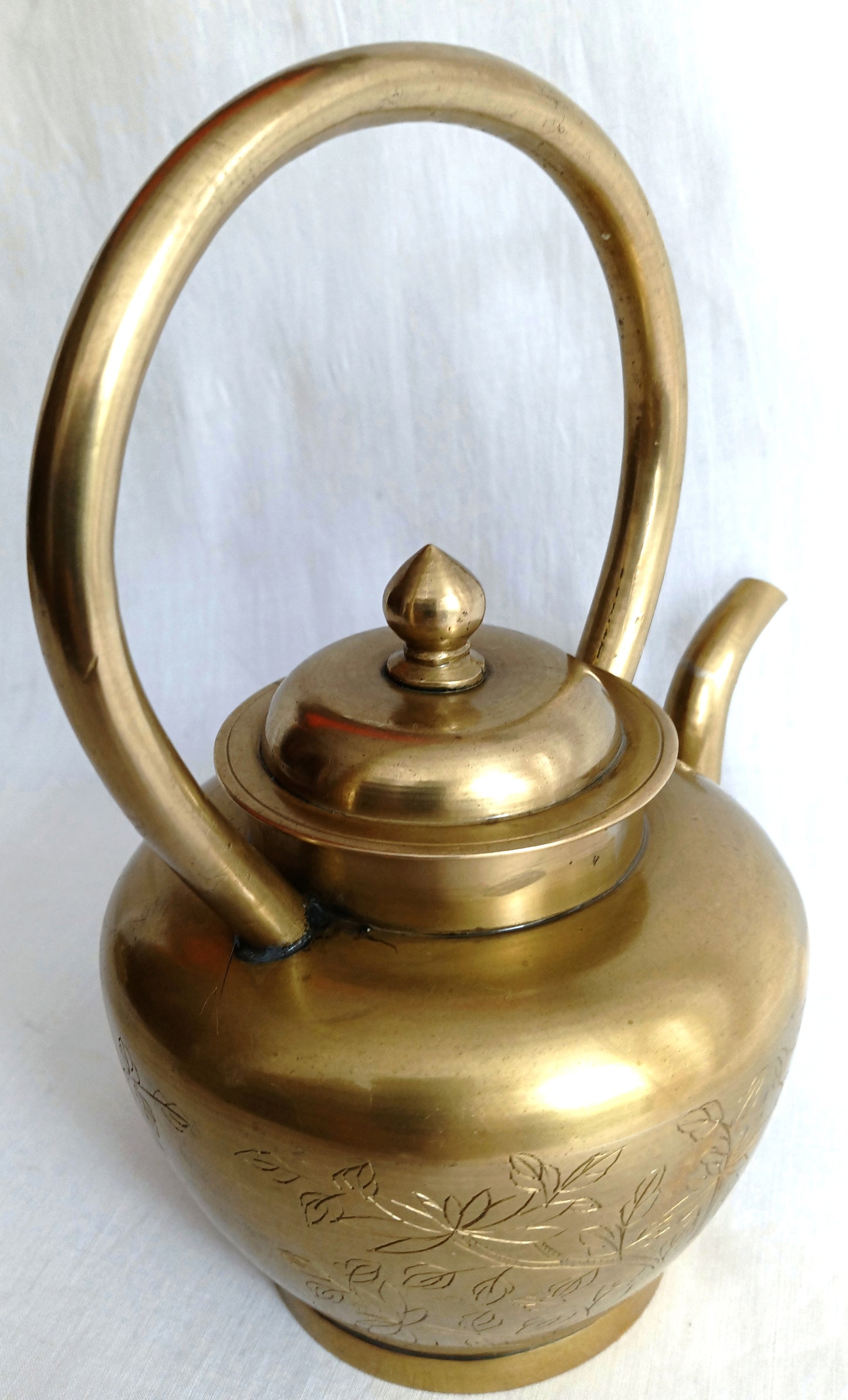 Vintage Solid Brass Small Teapot Lidded Kettle with Handle Etched Floral Design Gooseneck Spout Pot Farmhouse Cottage Kitchen Home Decorative Retro Teapot