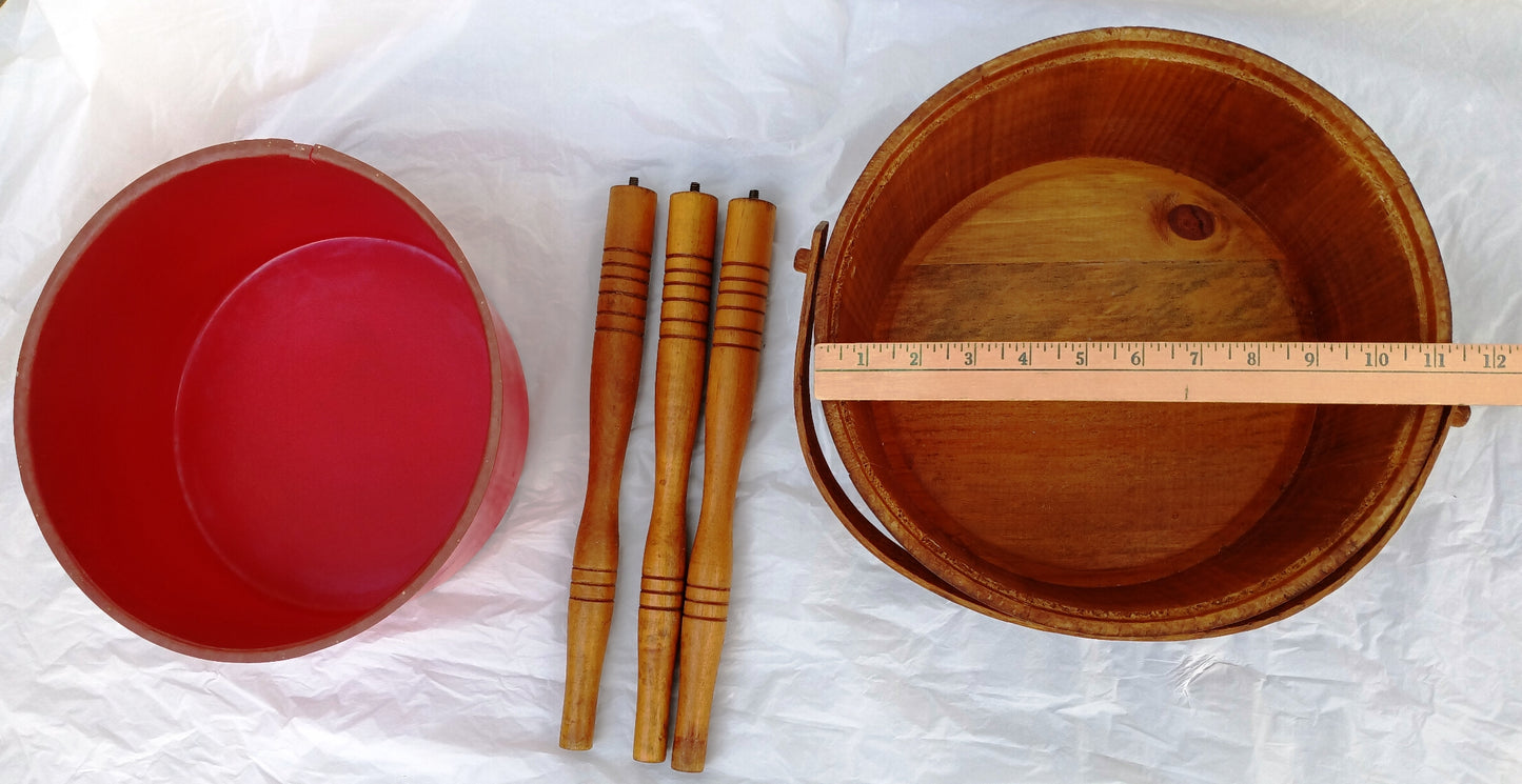 Mid Century Colonial Style Floor Standing Wooden Bucket Tripod & Red Plastic Lining Handed Plant Stand Sewing Basket Planter Wastebasket