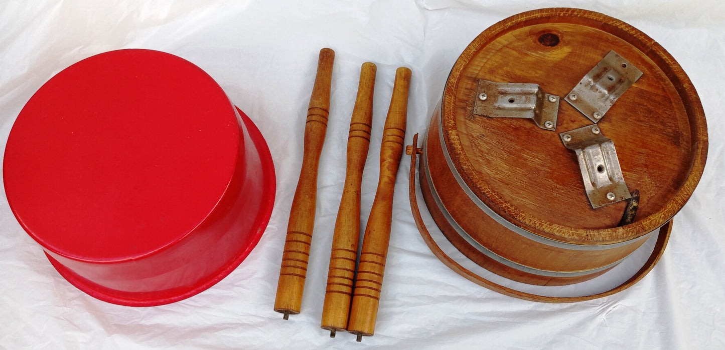 Mid Century Colonial Style Floor Standing Wooden Bucket Tripod & Red Plastic Lining Handed Plant Stand Sewing Basket Planter Wastebasket