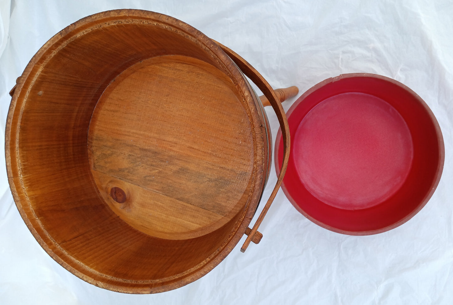 Mid Century Colonial Style Floor Standing Wooden Bucket Tripod & Red Plastic Lining Handed Plant Stand Sewing Basket Planter Wastebasket