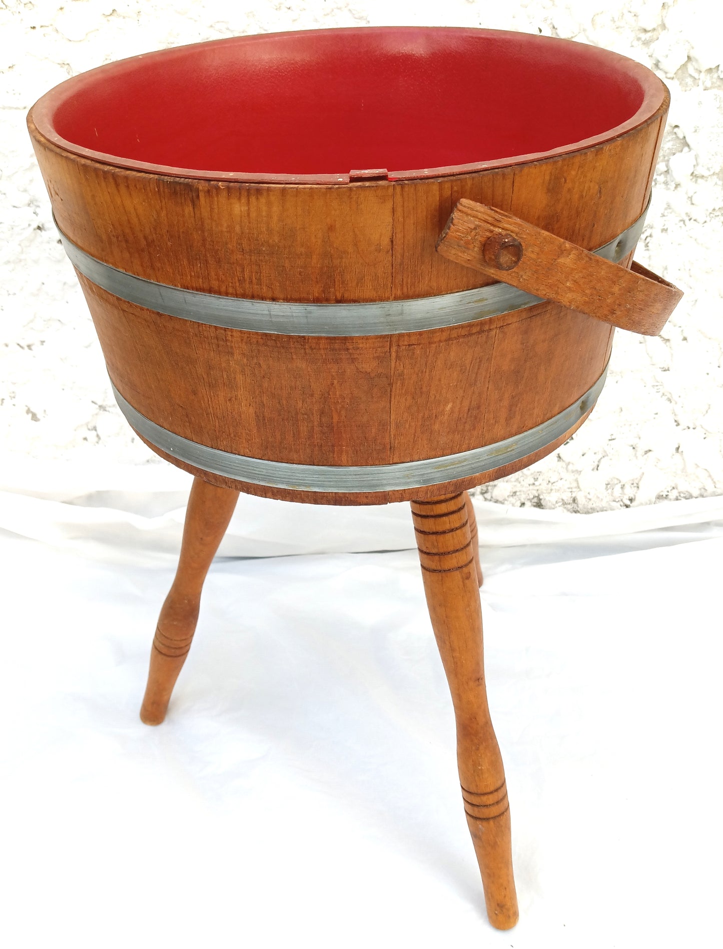 Mid Century Colonial Style Floor Standing Wooden Bucket Tripod & Red Plastic Lining Handed Plant Stand Sewing Basket Planter Wastebasket