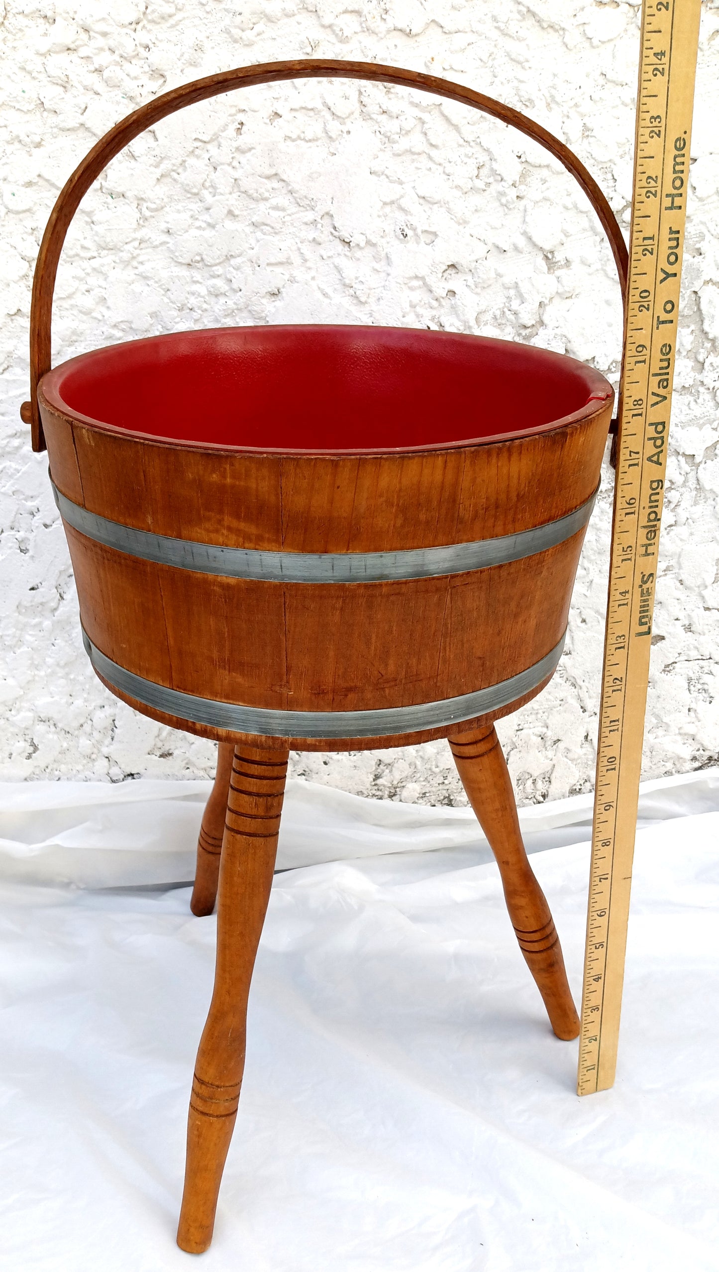 Mid Century Colonial Style Floor Standing Wooden Bucket Tripod & Red Plastic Lining Handed Plant Stand Sewing Basket Planter Wastebasket