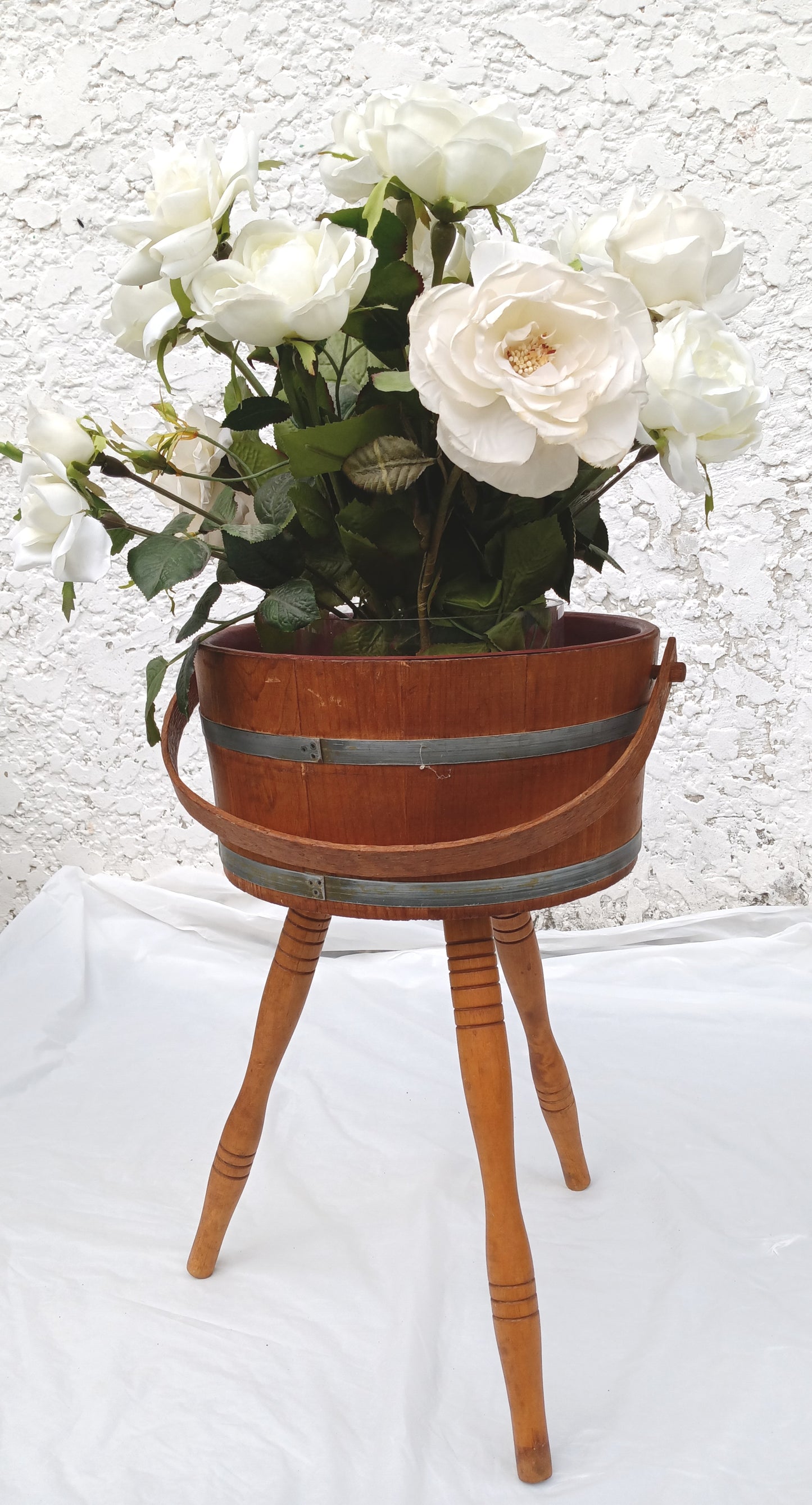 Mid Century Colonial Style Floor Standing Wooden Bucket Tripod & Red Plastic Lining Handed Plant Stand Sewing Basket Planter Wastebasket