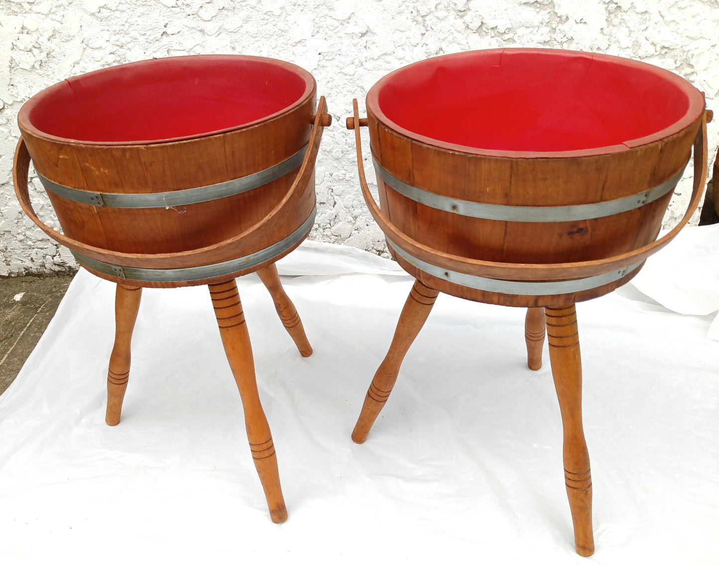 Mid Century Colonial Style Floor Standing Wooden Bucket Tripod & Red Plastic Lining Handed Plant Stand Sewing Basket Planter Wastebasket