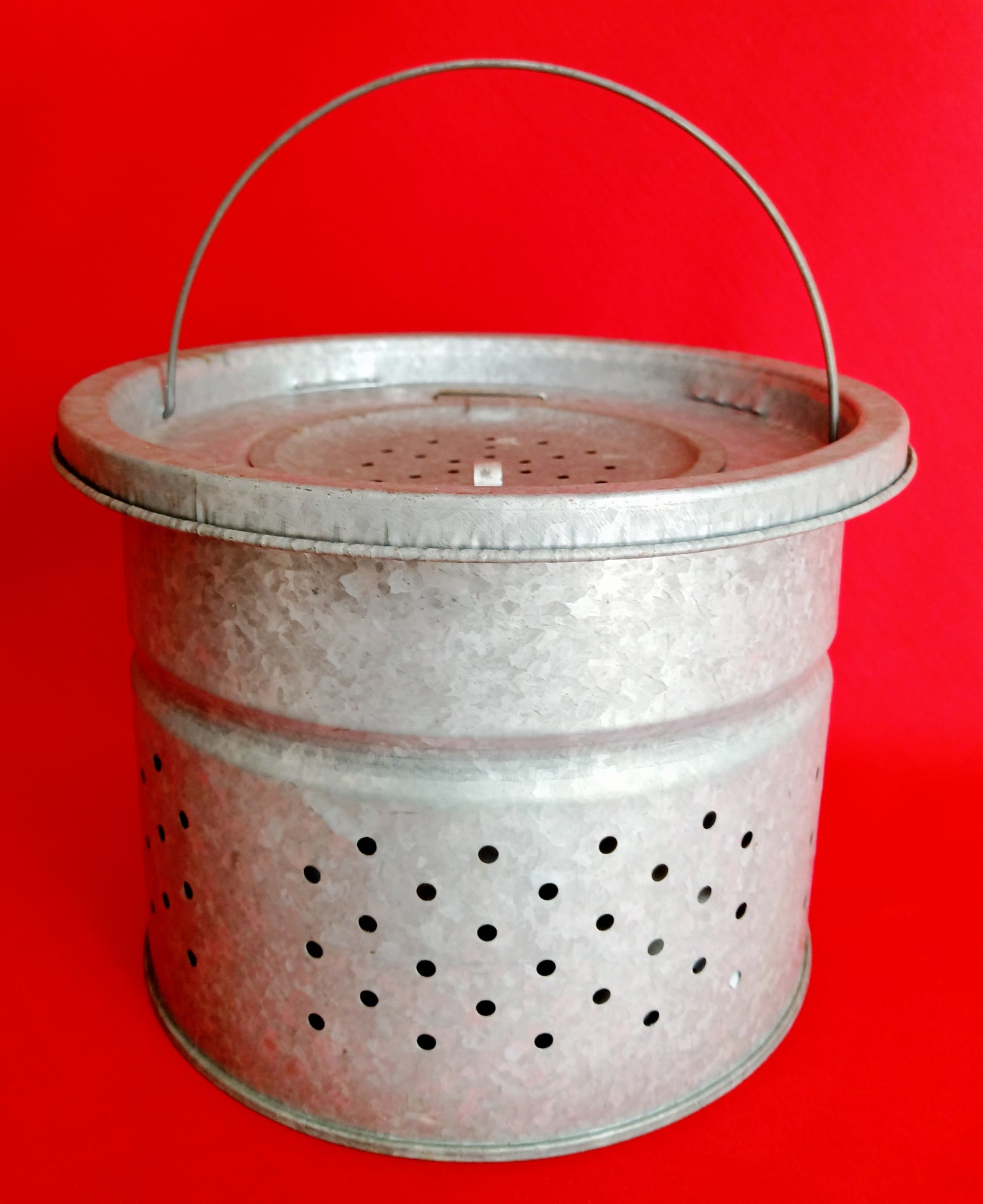 Vintage Cutout Galvanized Fish Trap Live Bait Basket Handle Fishing Pail Frog Minnow Bucket Rustic Farmhouse Decor - NOS