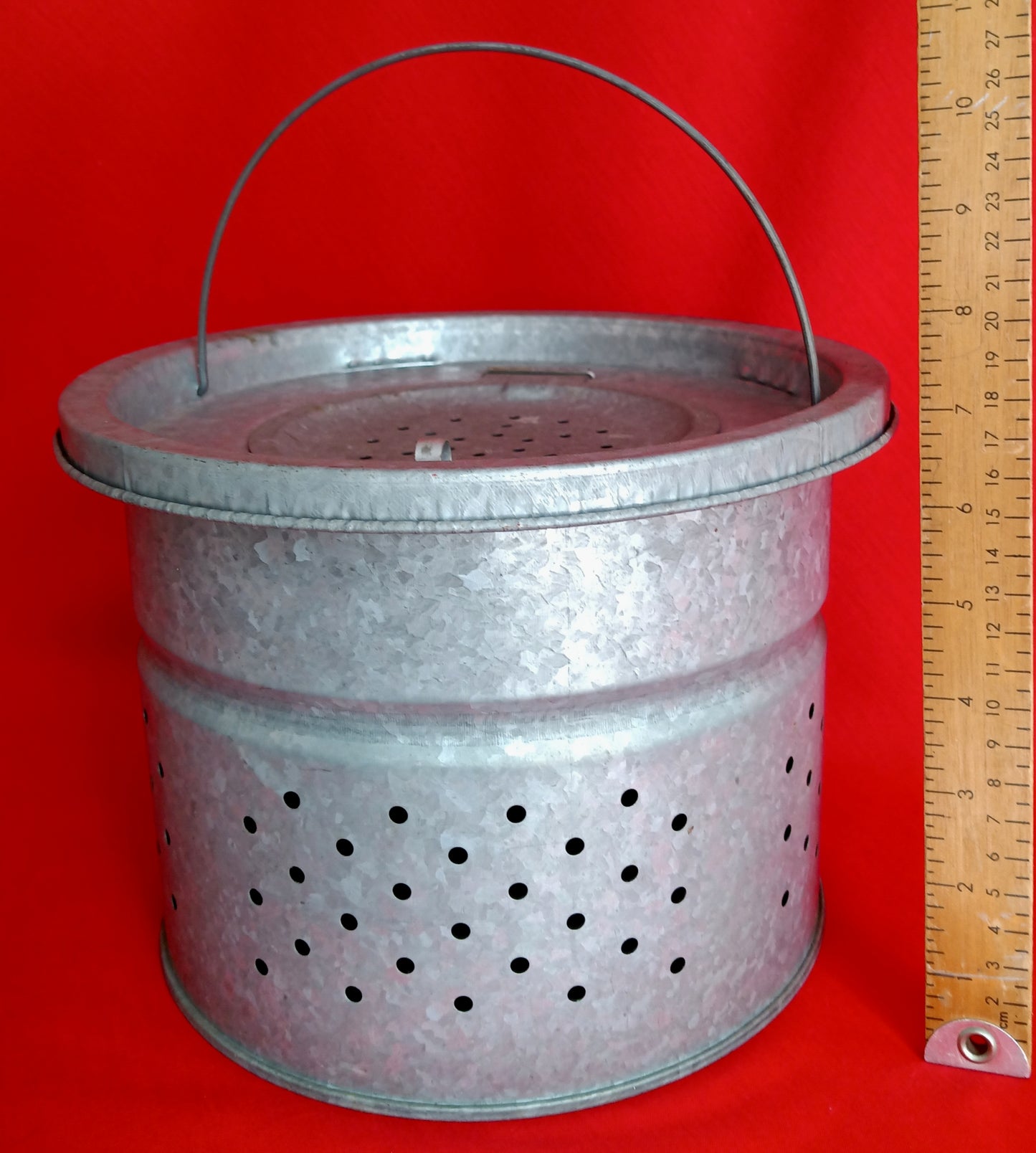 Vintage Cutout Galvanized Fish Trap Live Bait Basket Handle Fishing Pail Frog Minnow Bucket Rustic Farmhouse Decor - NOS