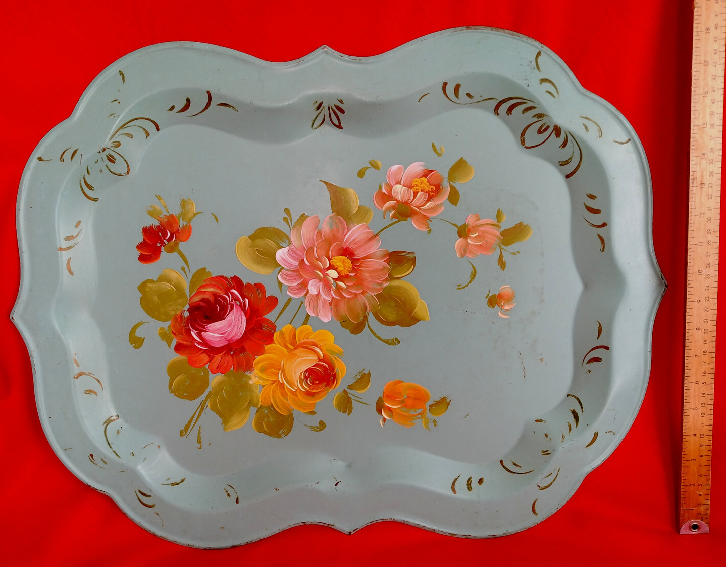 Vintage Mid-Century Rectangular Tole Metal Extra Large Tray Hand Painted Roses Scallop Edge Toleware Wall Hanging Folk Art Shabby Chic Décor