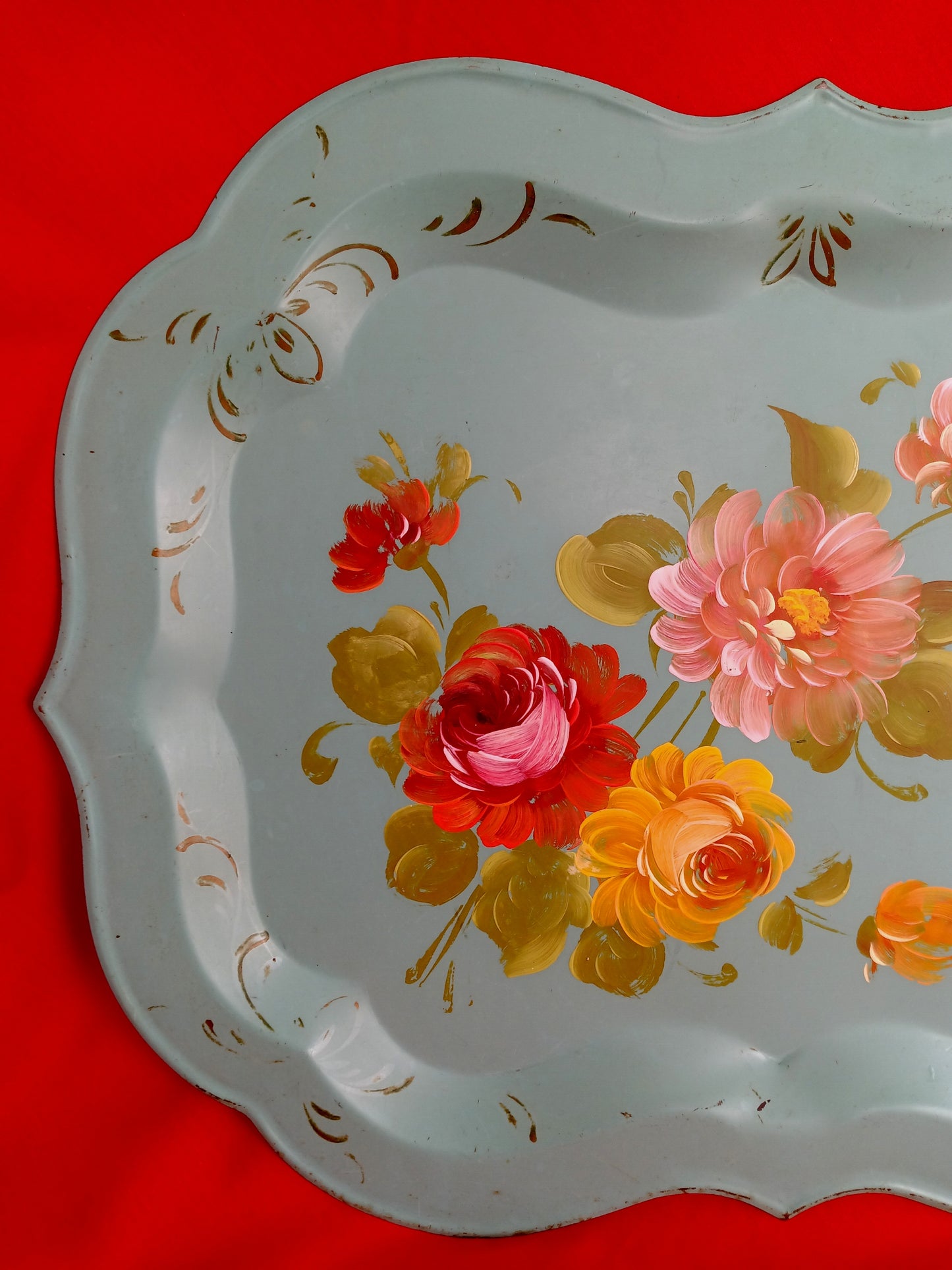 Vintage Mid-Century Rectangular Tole Metal Extra Large Tray Hand Painted Roses Scallop Edge Toleware Wall Hanging Folk Art Shabby Chic Décor