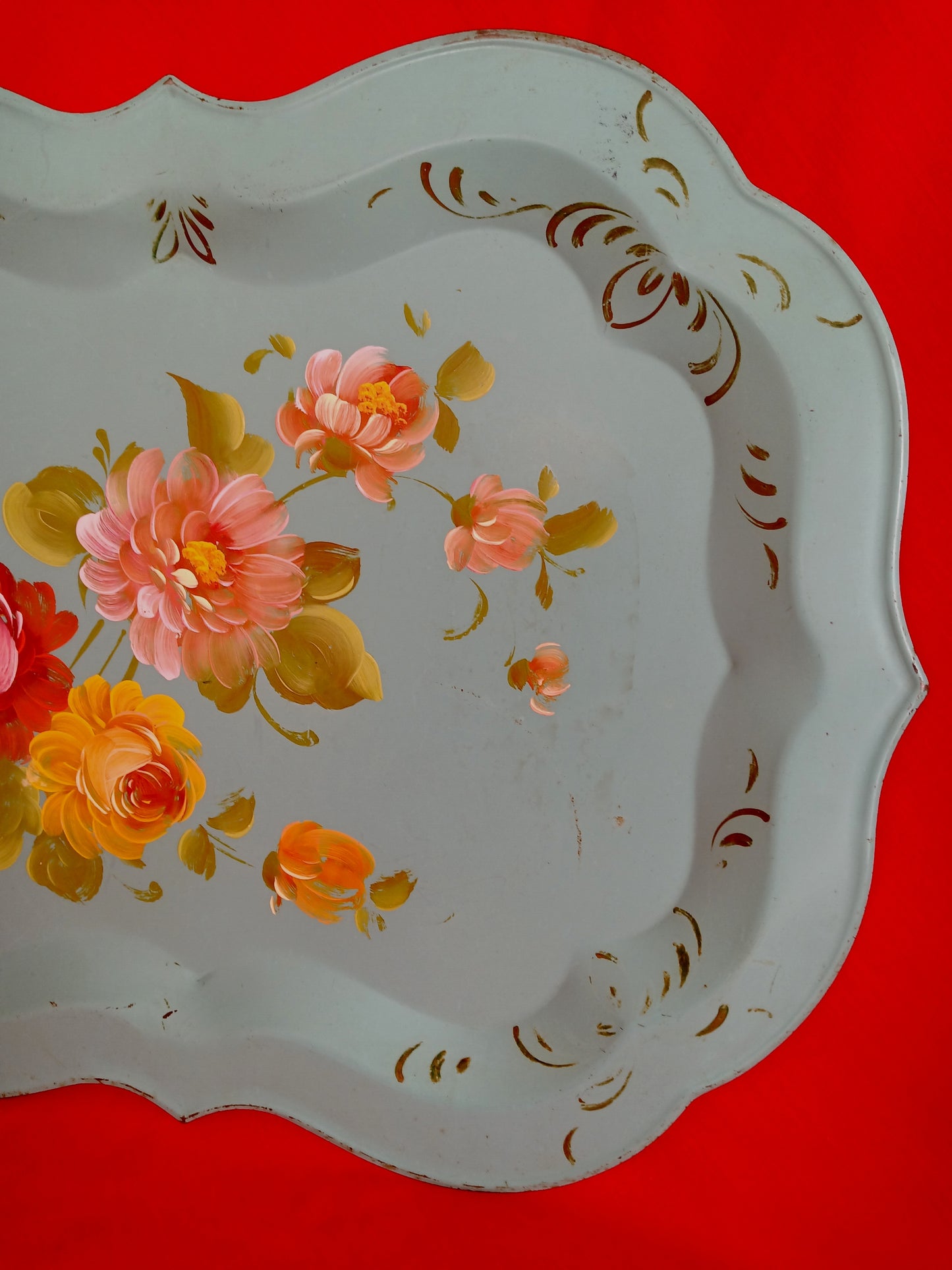 Vintage Mid-Century Rectangular Tole Metal Extra Large Tray Hand Painted Roses Scallop Edge Toleware Wall Hanging Folk Art Shabby Chic Décor