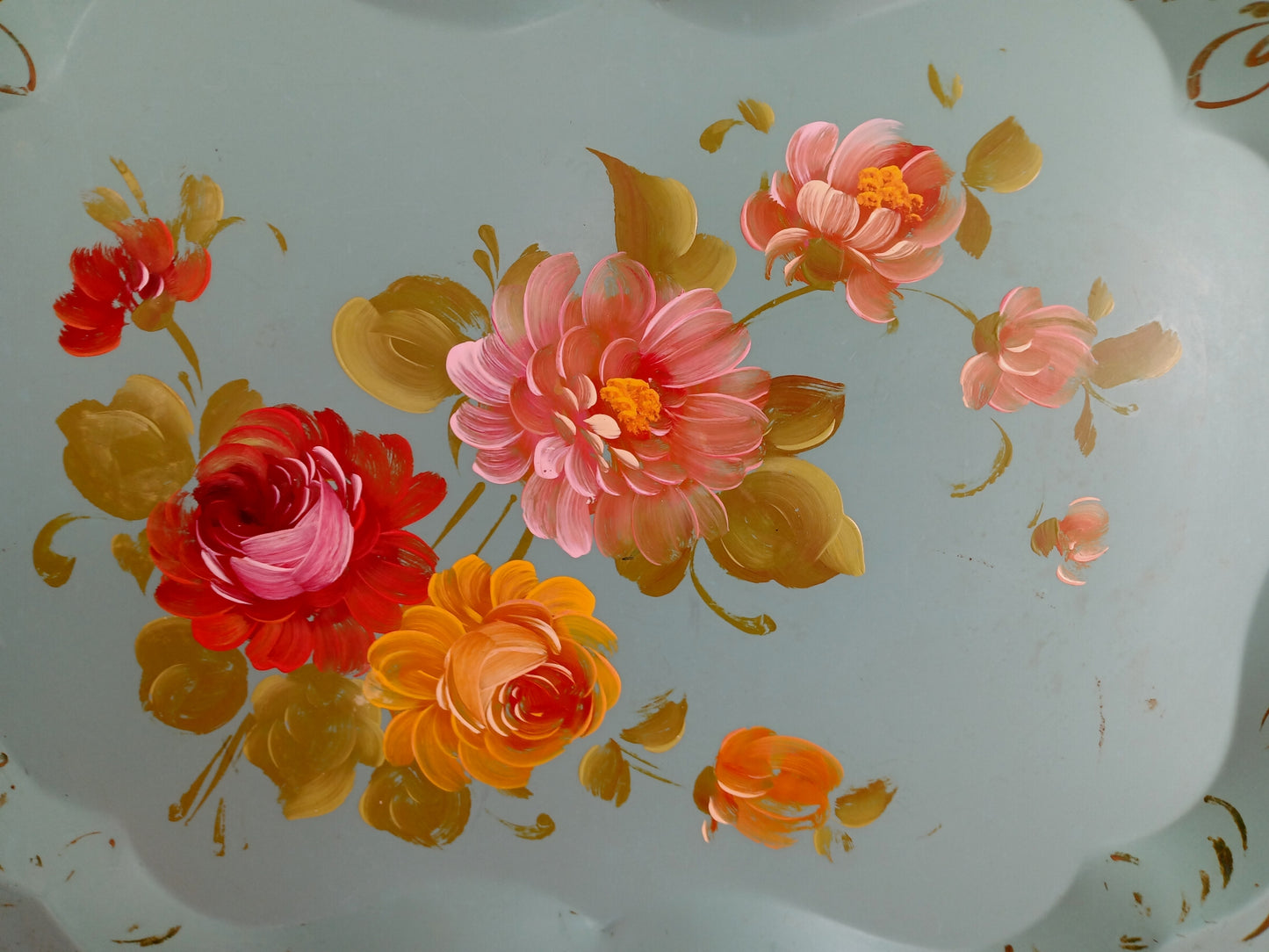 Vintage Mid-Century Rectangular Tole Metal Extra Large Tray Hand Painted Roses Scallop Edge Toleware Wall Hanging Folk Art Shabby Chic Décor