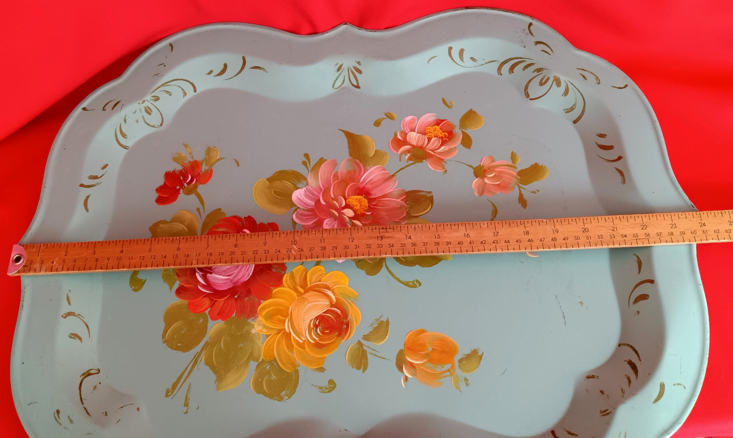 Vintage Mid-Century Rectangular Tole Metal Extra Large Tray Hand Painted Roses Scallop Edge Toleware Wall Hanging Folk Art Shabby Chic Décor