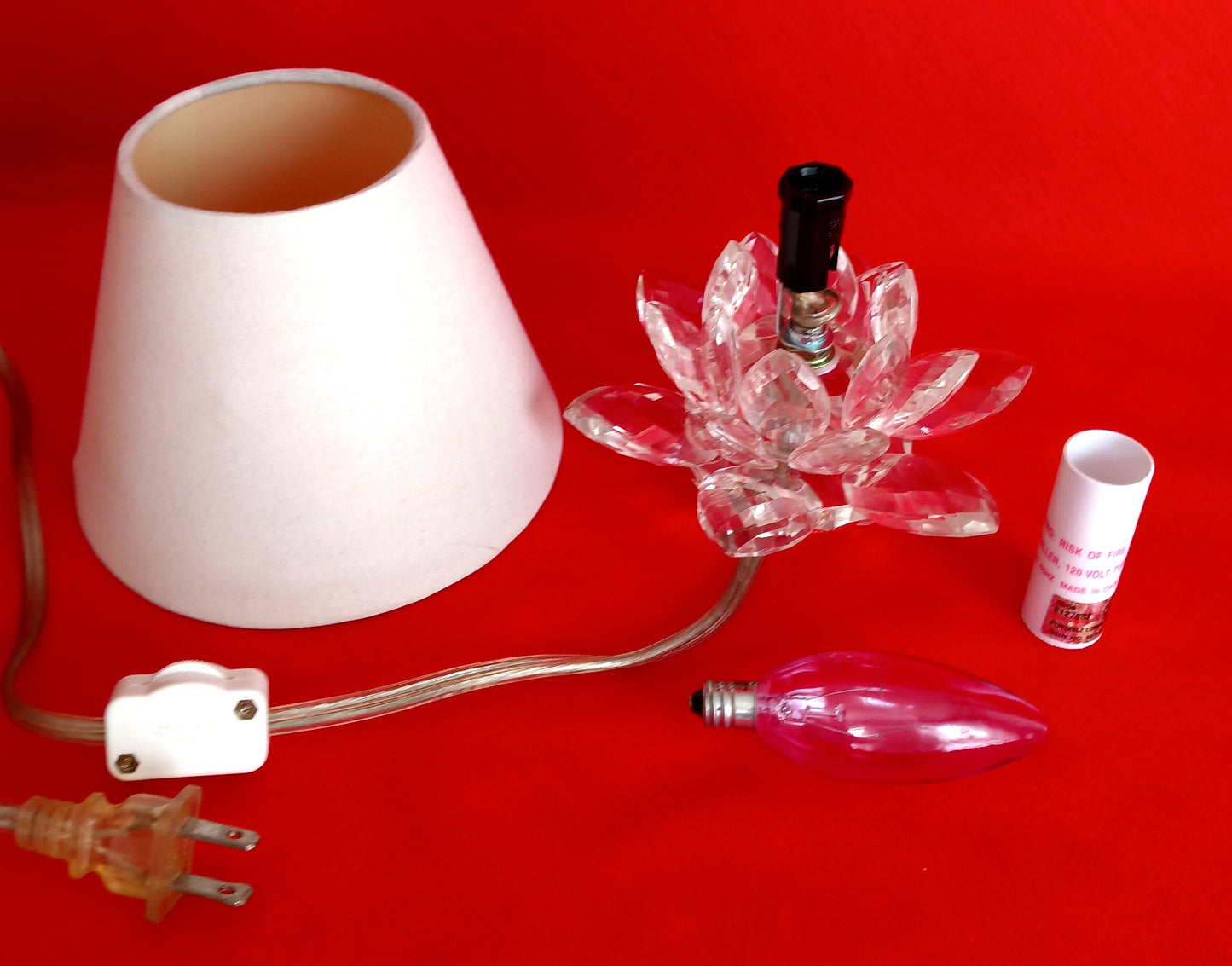 Vintage Fifth Avenue Crystal LTD Small Lamp Lotus Shaped Clear Crystal Glass w/Fabric Shade Footed In Cord Switch Elegant Table Lamp