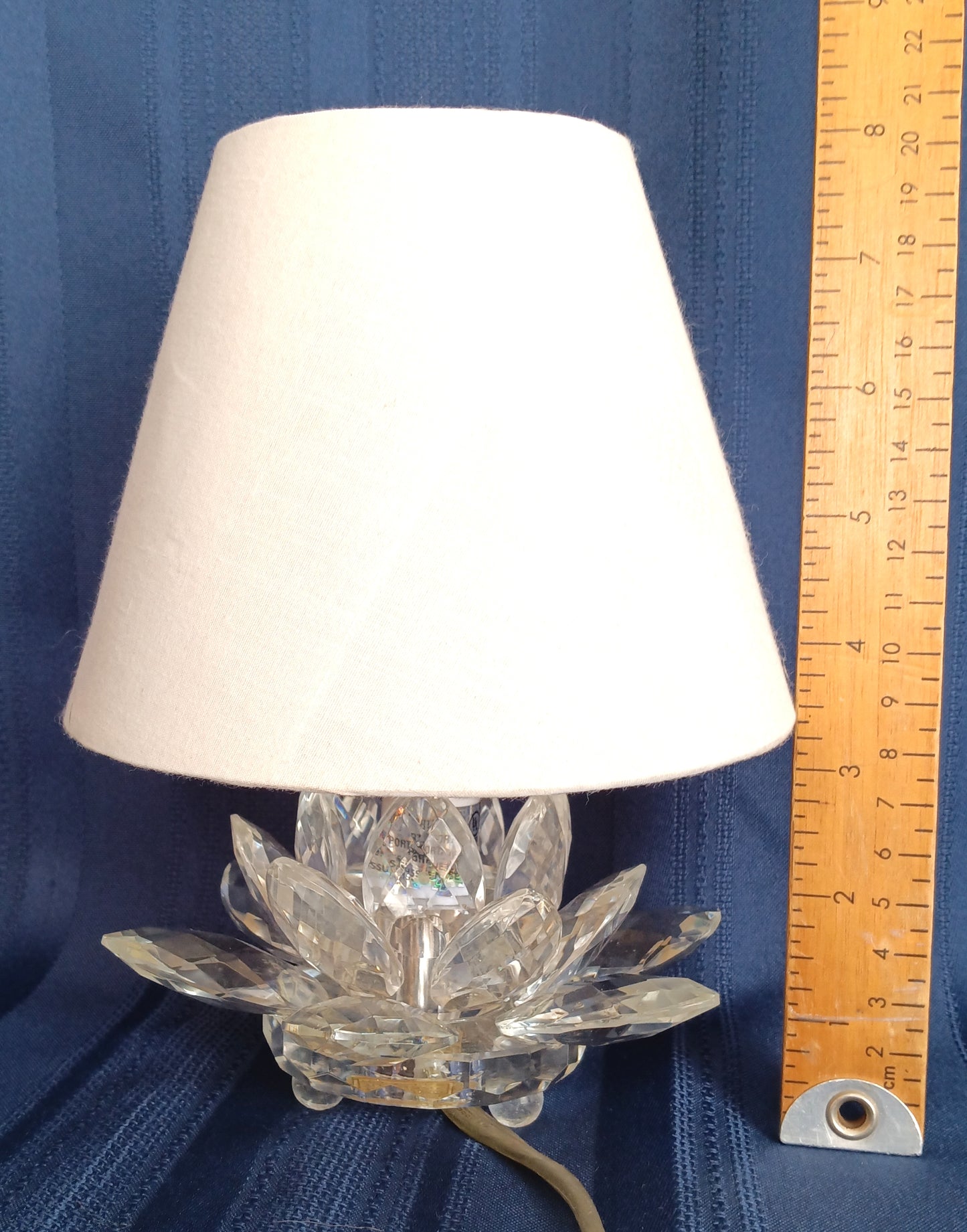 Vintage Fifth Avenue Crystal LTD Small Lamp Lotus Shaped Clear Crystal Glass w/Fabric Shade Footed In Cord Switch Elegant Table Lamp