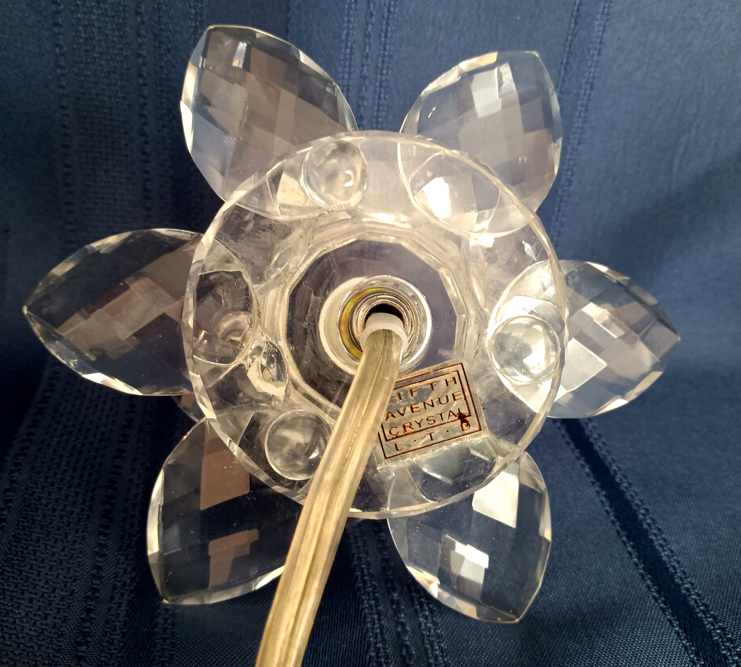 Vintage Fifth Avenue Crystal LTD Small Lamp Lotus Shaped Clear Crystal Glass w/Fabric Shade Footed In Cord Switch Elegant Table Lamp