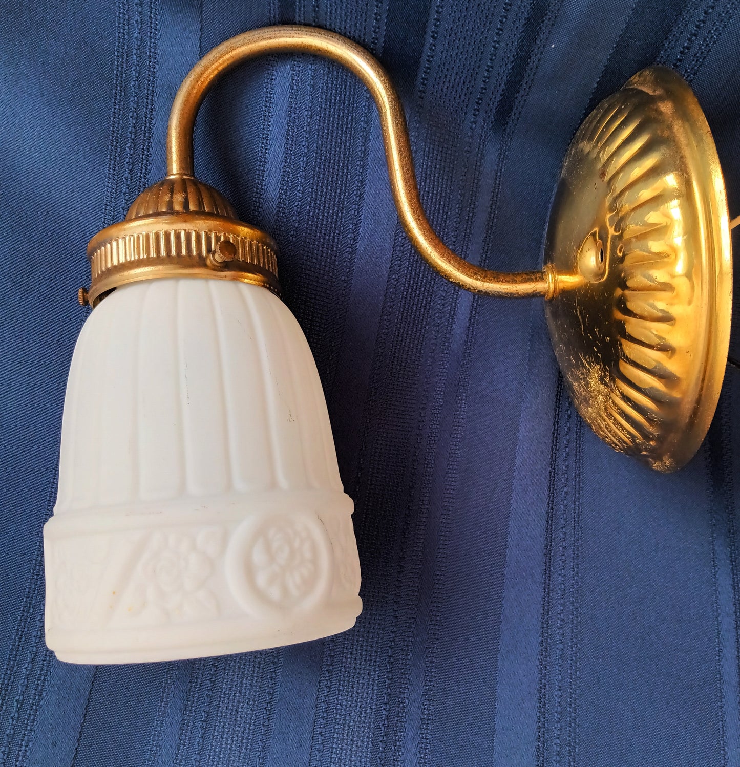 Vintage Sconce Indoor Single Light Flush Mount Wall Polished Brass Arm Electric Fixture w/ Milk Glass Bell Shape Lampshade