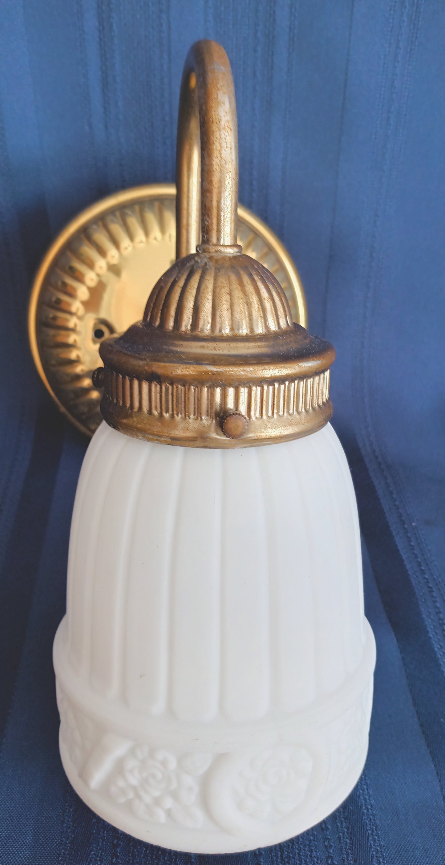 Vintage Sconce Indoor Single Light Flush Mount Wall Polished Brass Arm Electric Fixture w/ Milk Glass Bell Shape Lampshade
