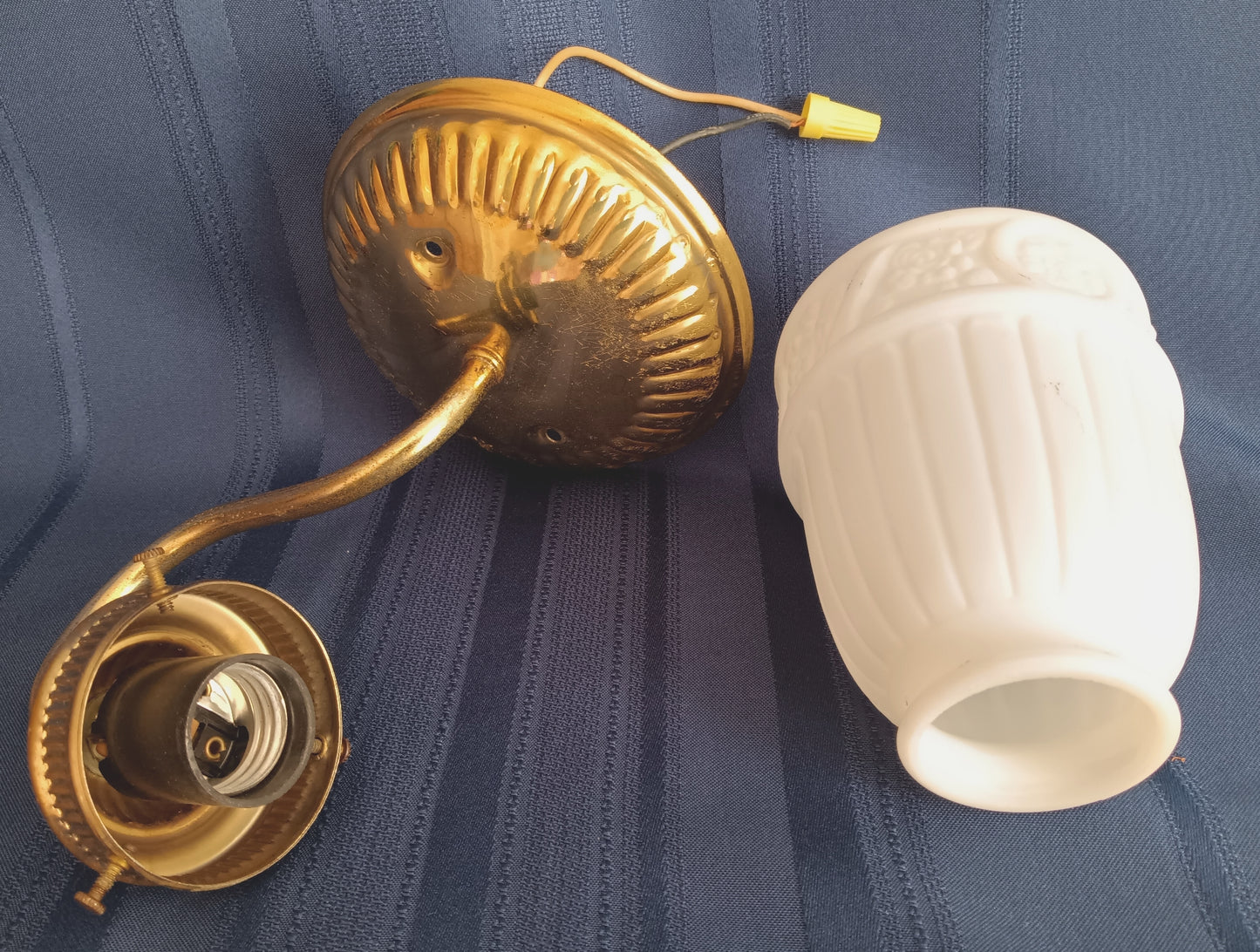 Vintage Sconce Indoor Single Light Flush Mount Wall Polished Brass Arm Electric Fixture w/ Milk Glass Bell Shape Lampshade