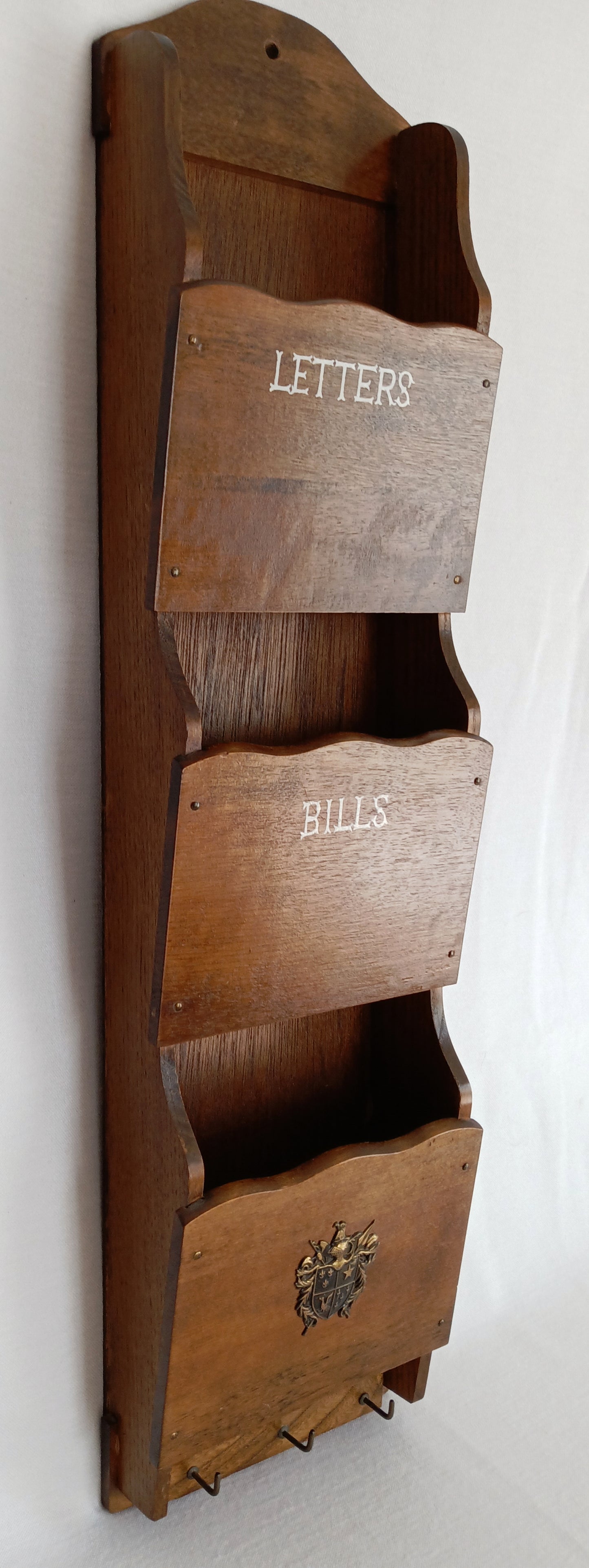 Vintage Handcrafted Carved Wooden Mail Holder Sorter Letters Bills 3 Slots Brass Shield Accent 3 Hooks Wall Organizer Hanging Shelf - Japan