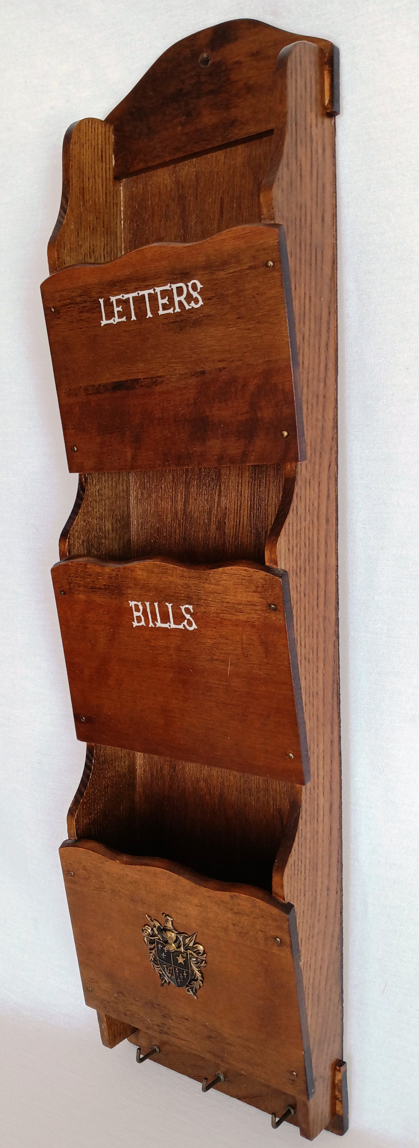Vintage Handcrafted Carved Wooden Mail Holder Sorter Letters Bills 3 Slots Brass Shield Accent 3 Hooks Wall Organizer Hanging Shelf - Japan
