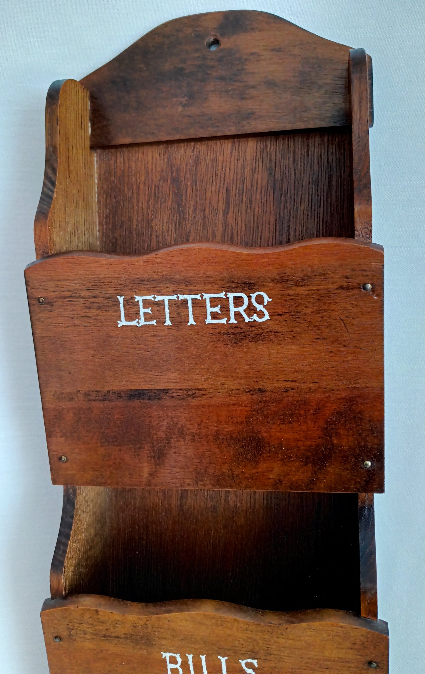 Vintage Handcrafted Carved Wooden Mail Holder Sorter Letters Bills 3 Slots Brass Shield Accent 3 Hooks Wall Organizer Hanging Shelf - Japan