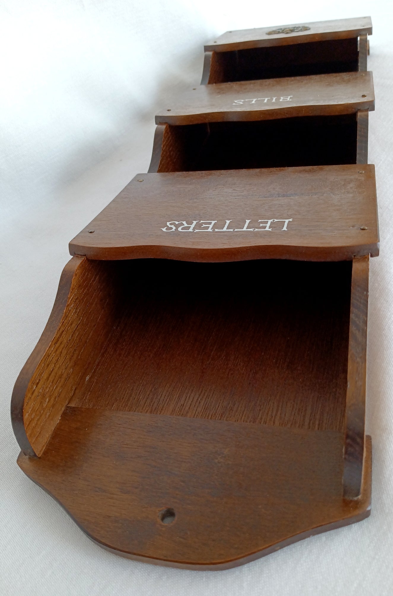 Vintage Handcrafted Carved Wooden Mail Holder Sorter Letters Bills 3 Slots Brass Shield Accent 3 Hooks Wall Organizer Hanging Shelf - Japan