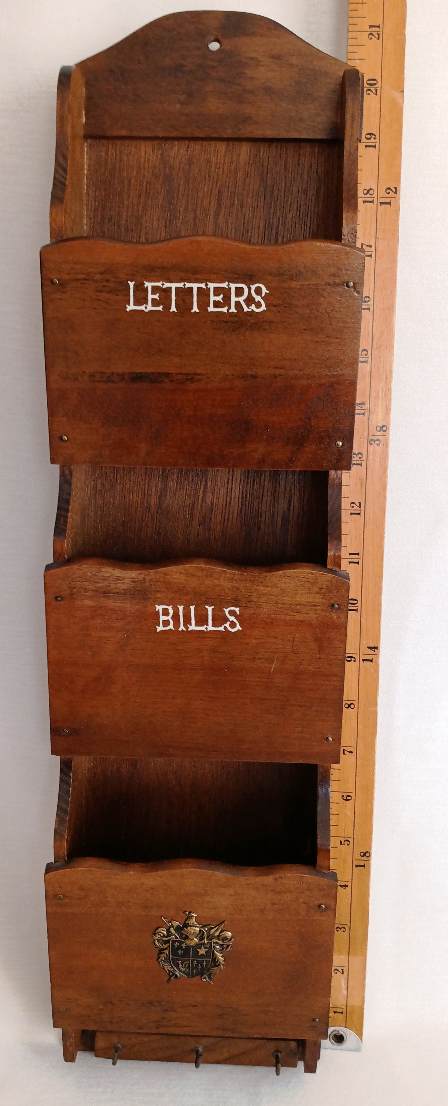 Vintage Handcrafted Carved Wooden Mail Holder Sorter Letters Bills 3 Slots Brass Shield Accent 3 Hooks Wall Organizer Hanging Shelf - Japan