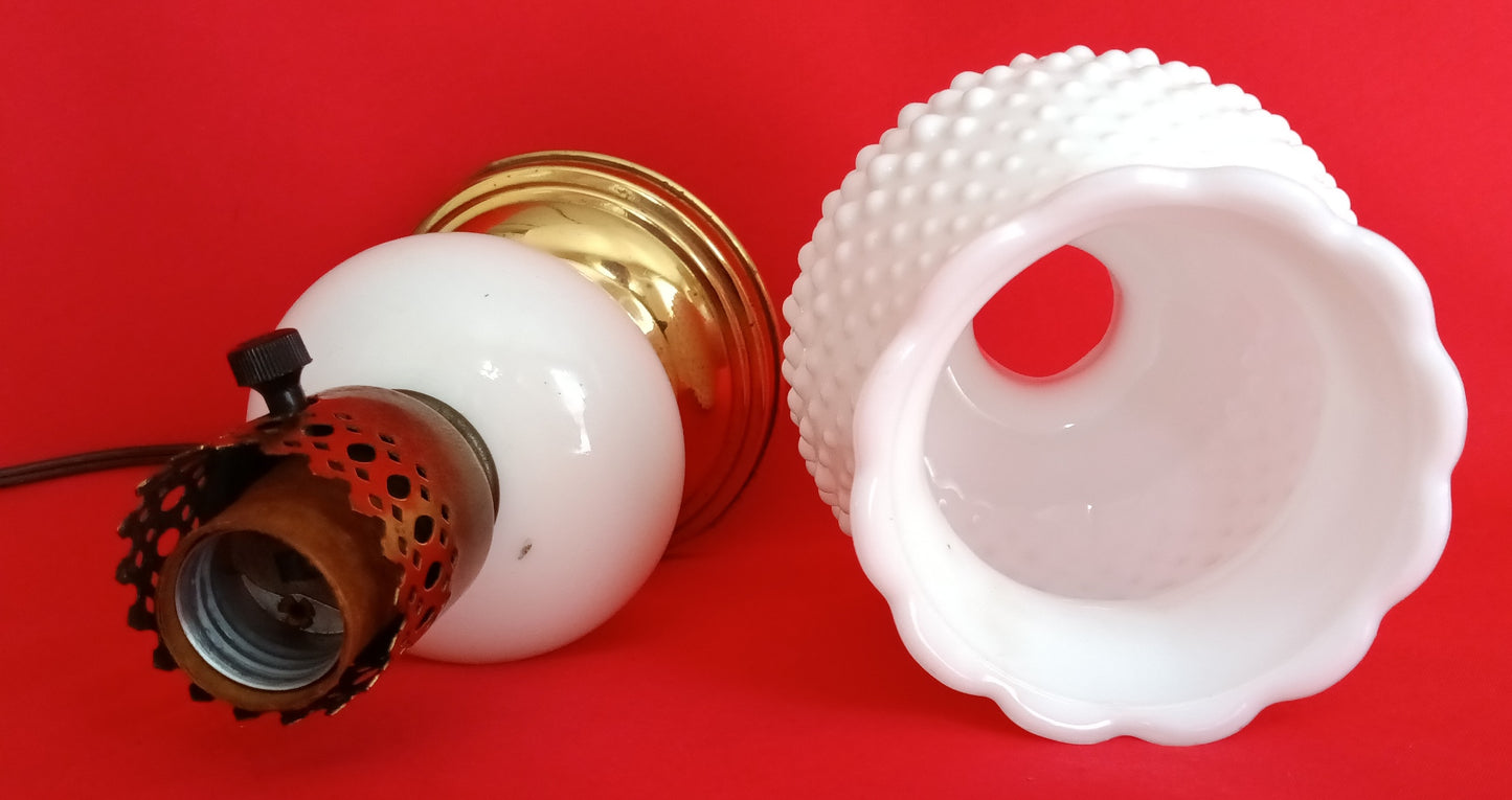 Vintage Mid Century Lamp Porcelain Body Hobnail Milk Glass Pattern Tulip Shape Shade Round Brass Base Small Lamp Retro Lighting