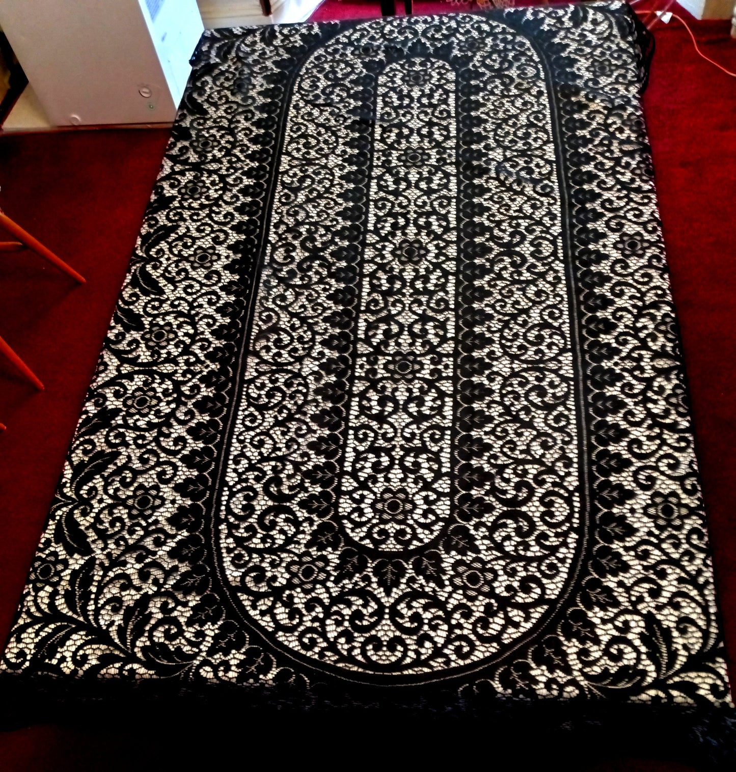 Vintage Elegant Cotton Black Lace Oblong/Rectangle Long Tablecloth Floral Medallion Scallop Finish Edge Good Quality 60”W x 102”L–NOS