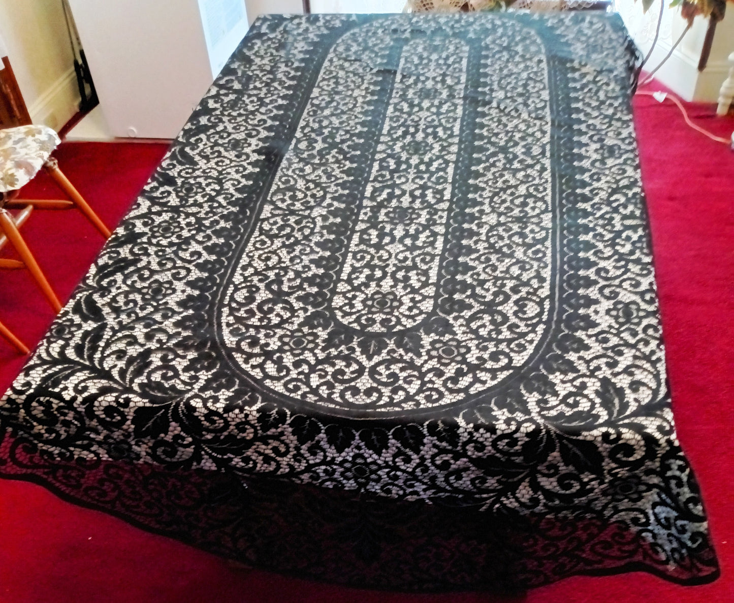 Vintage Elegant Cotton Black Lace Oblong/Rectangle Long Tablecloth Floral Medallion Scallop Finish Edge Good Quality 60”W x 102”L–NOS