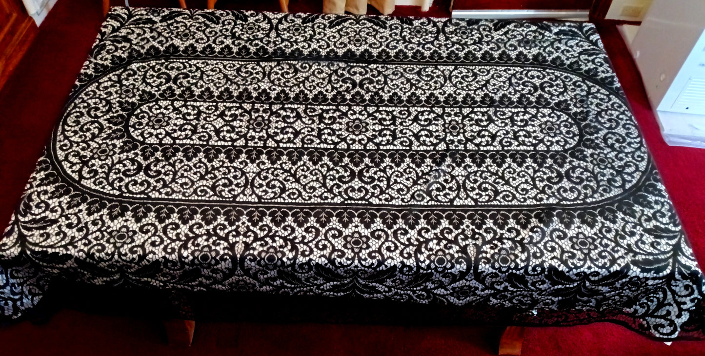 Vintage Elegant Cotton Black Lace Oblong/Rectangle Long Tablecloth Floral Medallion Scallop Finish Edge Good Quality 60”W x 102”L–NOS