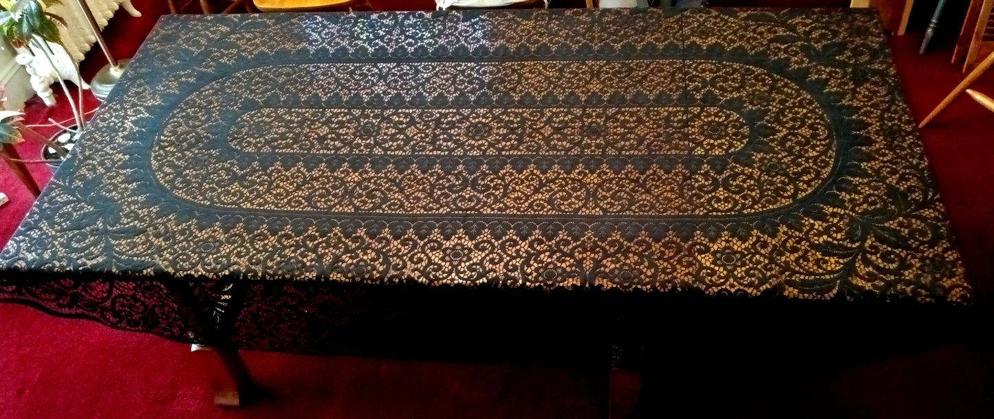 Vintage Elegant Cotton Black Lace Oblong/Rectangle Long Tablecloth Floral Medallion Scallop Finish Edge Good Quality 60”W x 102”L–NOS