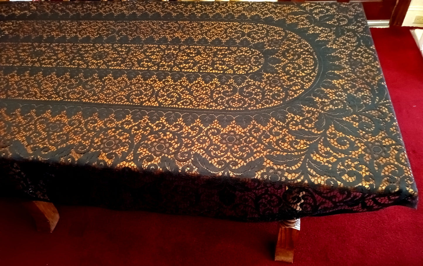 Vintage Elegant Cotton Black Lace Oblong/Rectangle Long Tablecloth Floral Medallion Scallop Finish Edge Good Quality 60”W x 102”L–NOS