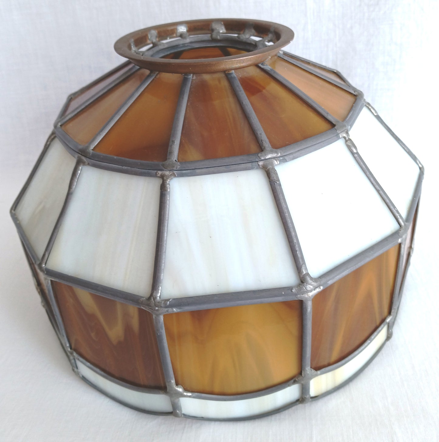 Vintage Handcrafted Hanging Lampshade Tiffany Style Leaded Stained Slag Glass Cream Brown Dome Shape Replacement Globe Ceiling Pendant