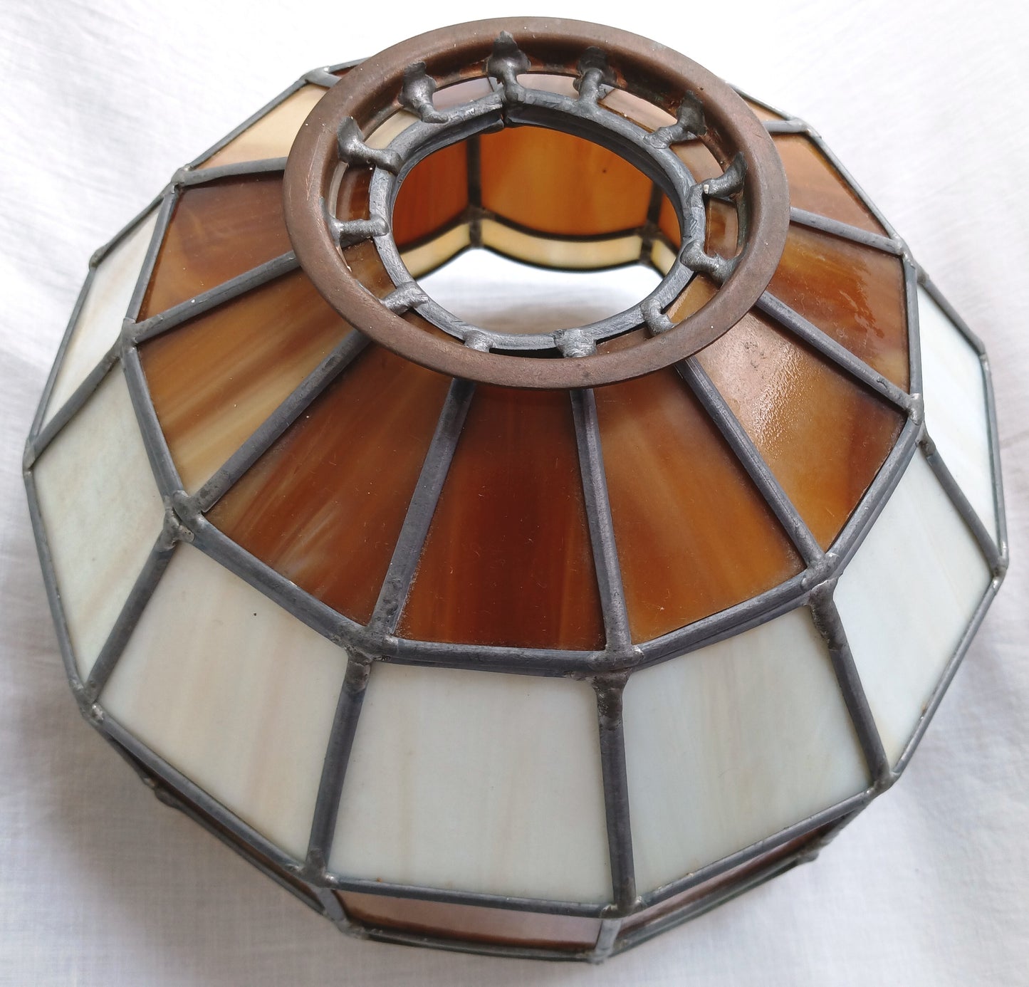 Vintage Handcrafted Hanging Lampshade Tiffany Style Leaded Stained Slag Glass Cream Brown Dome Shape Replacement Globe Ceiling Pendant