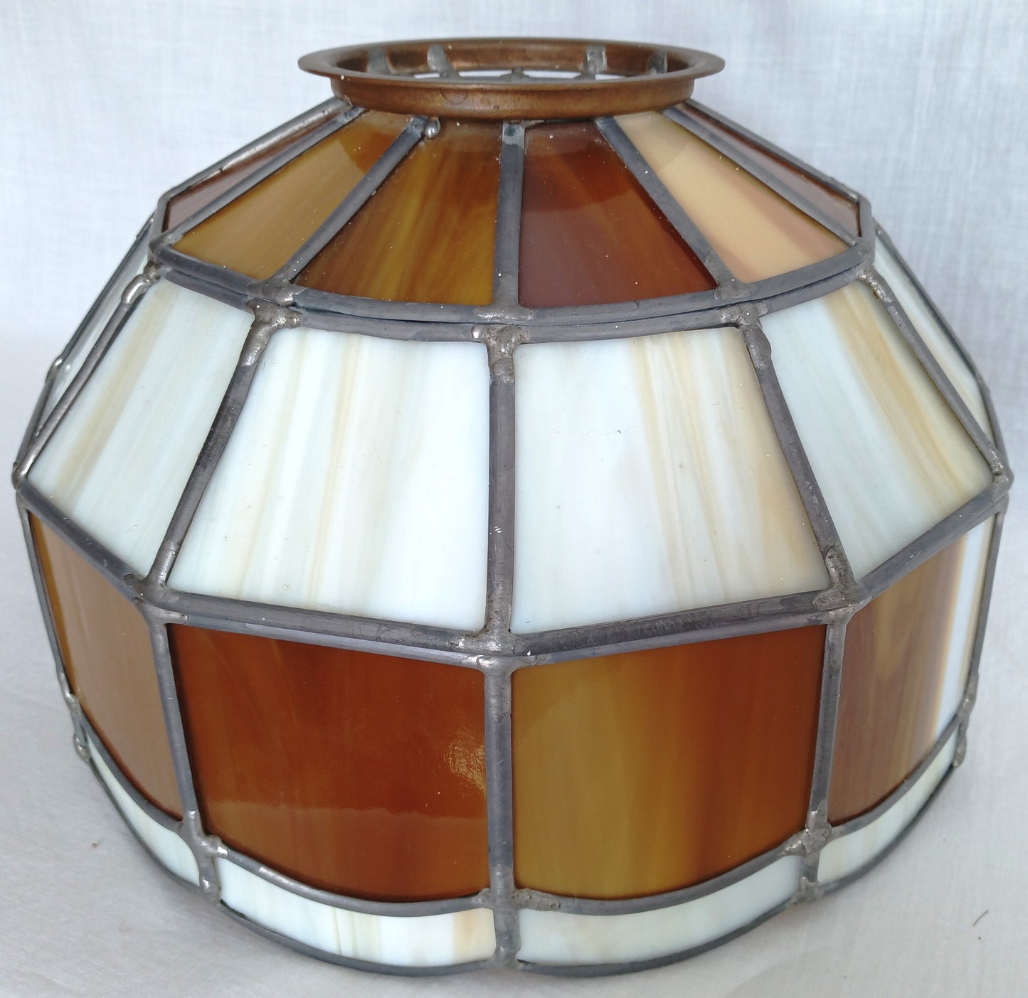 Vintage Handcrafted Hanging Lampshade Tiffany Style Leaded Stained Slag Glass Cream Brown Dome Shape Replacement Globe Ceiling Pendant