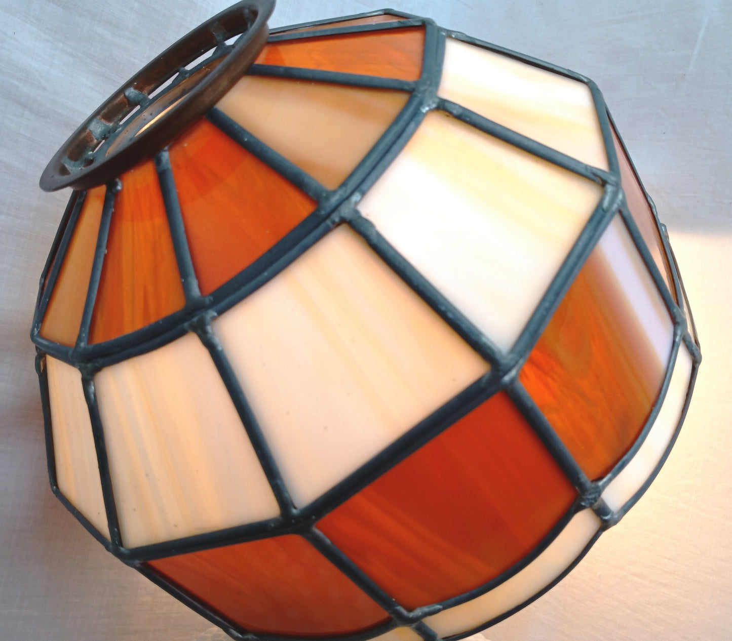 Vintage Handcrafted Hanging Lampshade Tiffany Style Leaded Stained Slag Glass Cream Brown Dome Shape Replacement Globe Ceiling Pendant